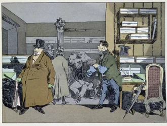 Negen uur: aankomst van werknemers, kostuumwissel, kleine rondleiding door de kachel - in "Administrative mores" door Henri Monnier