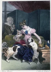 Jong meisje met honden: "Iedereen vindt zijn plezier waar hij het vindt" - in "Les pastemps" door Henri Monnier, ed. Delpech, Parijs