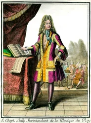 Portret van Jean Baptiste Lully (Giovanni Battista Lulli) (1632-1687) Superintendent van de Muziek van de Koning Gravure door Henri Bonnart (1642-1711)