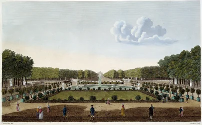 Le Jardin du Luxembourg gezien vanaf het terras van het Palais. Gravure door Courvoisier