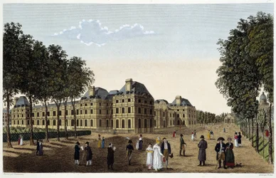 Tuin en Palais du Luxembourg gezien vanaf het terras van het kleine Luxemburg. Gravure door Courvoisier