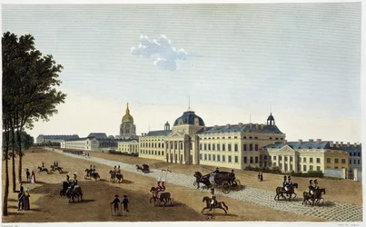 Uitzicht op de Militaire School aan de kant van Champs de Mars, circa 1820 - in "Vues de Paris" door Courvoisier