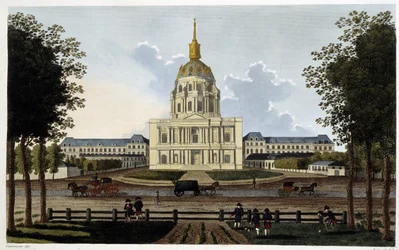 Uitzicht op de kerk van het Koninklijk Hotel des Invalides - in “Vues de Paris” door Courvoisier