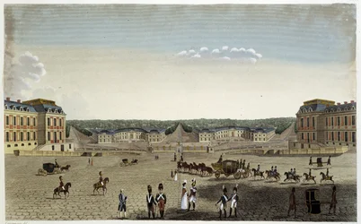 Uitzicht op de grote en kleine stallen van de koning in Versailles - in 