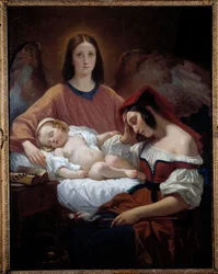 De beschermengel. Een engel waakt over een moeder en haar slapende kind. Schilderij van Henri Decaisne (1799-1852)
