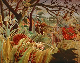 Tijger in een tropische storm (schilderij op canvas)