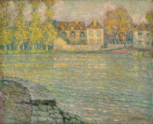 Huizen bij de rivier bij zonsondergang, Moret