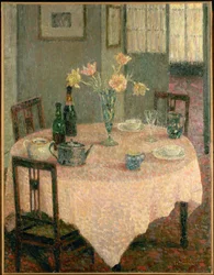 Interieur met roze tafelkleed (schilderij)