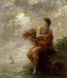 Ariane. Ze ziet de boot van Thesee in de verte wegvaren en blijft alleen achter, verlaten. Schilderij van Henri Fantin-Latour (Fantin Latour