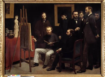 Een werkplaats in Batignolles. Onder de aanwezige personages: Otto Scholderer, Edouard Manet (1832-1883) zittend in het midden, Pierre Auguste Renoir (1841-1919), Zacharie Astruc (1835-1907), Emile Zola (1840-1902), Edmond Maitre (1840-1888), Frederic Bazi