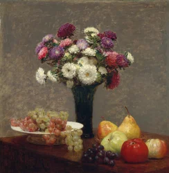 Asters en fruit op een tafel, 1868