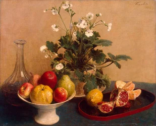 Bloemen, Schotel met Fruit en Karaf, 1865