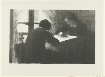 Twee vrouwen borduren aan tafel bij raam in interieur