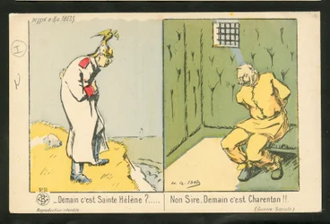 Ansichtkaart, Satirisch in Kleuren: Morgen is het Sint-Helena? Nee, Sire. Morgen is het Charenton - Oorlog van 14-18, Gekte - Wilhelm II