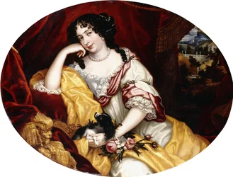 Portret van een dame, zittend driekwart lengte, met haar hond voor een open raam, een Italiaans landschap daarachter