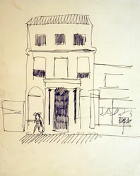 Londense straat met figuren; vrouwelijke wandelaar