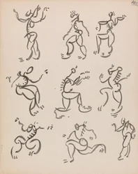 Negen dansende figuren, in drie registers