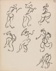 Zeven dansende figuren, in drie registers