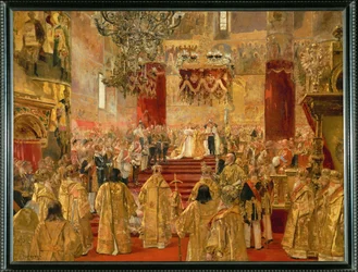 De kroning van tsaar Nicolaas II en keizerin Aleksandra Feodorowna in de kerk van de Hemelvaart, Moskou (schilderij op doek)