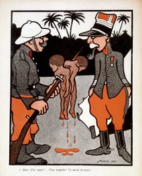 Twee tegelijk! Geweldig, je krijgt het kruis! : cartoon over Franse soldaten die Afrikaanse kinderen doodden, in 