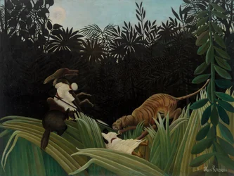 Verkenners aangevallen door een tijger (Éclaireurs attaqués par un tigre) 1904
