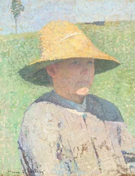 Portret van een jonge jongen met een strohoed 1890