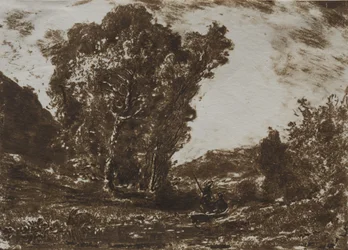 Twee schippers in een moeras nabij een groep bomen, ca. 1857