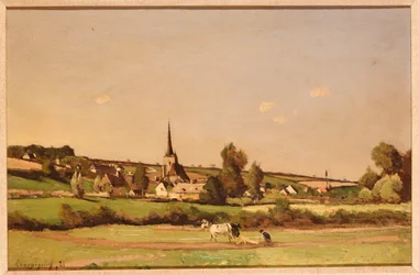 Een Uitgestrekt Landschap met een Ploeger en een Dorp in de Verte