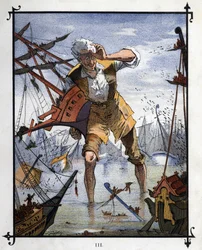 Lemuel Gulliver in het midden van een zeeslag tussen de schepen van Lilliput en Blefuscu. Illustratie voor 