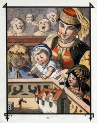 Lemuel Gulliver in het land van de reuzen van Brobdingnag is een curiositeit voor kinderen. Illustratie voor 