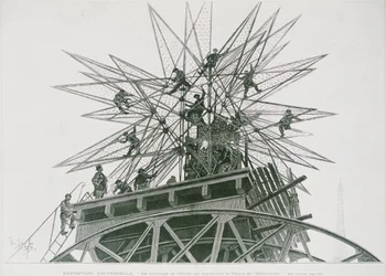 Universele Expositie van 1900: Installatie van de ster op het Paleis van Elektriciteit (gravure)