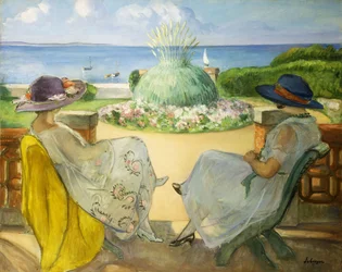 Twee jonge vrouwen op een terras aan zee, 1922