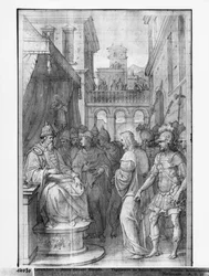 Leven van Christus, Christus voor Herodes, voorbereidende studie van tapijtkarton voor de Kerk Saint-Merri in Parijs, c.1585-90