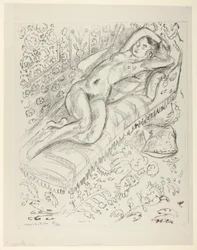 Rustend naakt op een chaise longue met mashrabiya-achtergrond