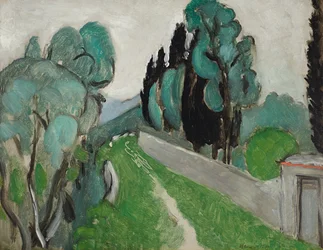 Paysage avec cyprès et oliviers aux environs de Nice, ca. 1918 (olieverf op board gelegd op paneel)