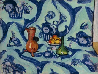 Stilleven met blauw tafelkleed