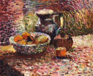 Stilleven met kruik en fruit