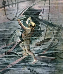 Een duiker zoekt een wrak in de haven van La Havre, Frankrijk, 1892