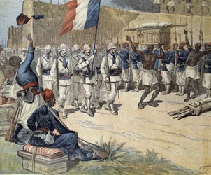 In Dahomey (nu Benin): binnenkomst van de Franse vlag in Abomey - in "Le Petity Journal" van 10/12/1892