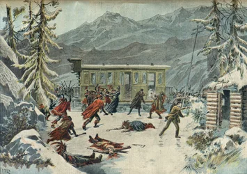 Aanval op de trein door indianen, uit het stuk Le tour du monde en 80 jours, Parijs 1898 (Gravure)