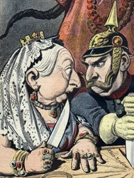 Karikatuur van koningin Victoria en karikatuur van Wilhelm II van Duitsland op 16 januari 1898 detail uit China imperialisme cartoon (bijgesneden)