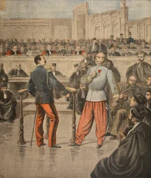 Kolonel Henry en Luitenant-Kolonel Picquart spreken voor het Hof van Assisen, illustratie uit 