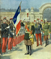 Ferdinand 1e koning van bulgarije wordt ontvangen in het Elysee paleis , Parijs 1896 (Gravure)