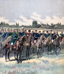 Militaire parade met generaal Saussier en buitenlandse militaire attachés, 14 juli 1891