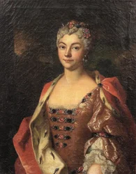 Portret van een edelvrouw, halflang, in een roze jurk en een met hermelijn afgezet gewaad