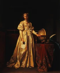 Een Dame in een Interieur, in een Gele Satijnen Jurk, met een Wereldbol op een Tafel naast haar, Rouwend om de Afwezigheid van haar Echtgenoot