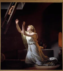 De bestraffing van een Vestaalse maagd. Een Vestaalse maagd, een Romeinse priesteres die tot kuisheid verplicht is, wordt voor haar vergrijp levend in een kelder begraven. Schilderij van Henri-Pierre Danloux (1753-1809), 1790, 1,6 x 1,45 m