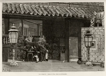 Koning Dong Khanh (1864-1889) Keizer van Annam, thuis in de keizerlijke stad Hue (Vietnam). Gravure door Thiriat, ter illustratie van het verhaal 
