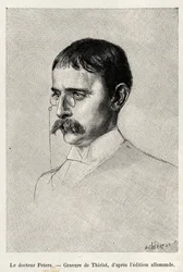 Portret van Dr. Carl Peters (1856-1918) Duitse ontdekkingsreiziger. Gravure door Thiriat ter illustratie van het verhaal 
