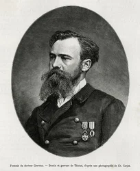 Portret van Dr. Jules Nicolas Crevaux (1847-1882), arts en ontdekkingsreiziger van Zuid-Amerika (van Frans-Guyana tot Argentinië), hij had grote belangstelling voor de studie van zeden en de geschiedenis van de bevolkingen die hij tijdens zijn reizen ontmo